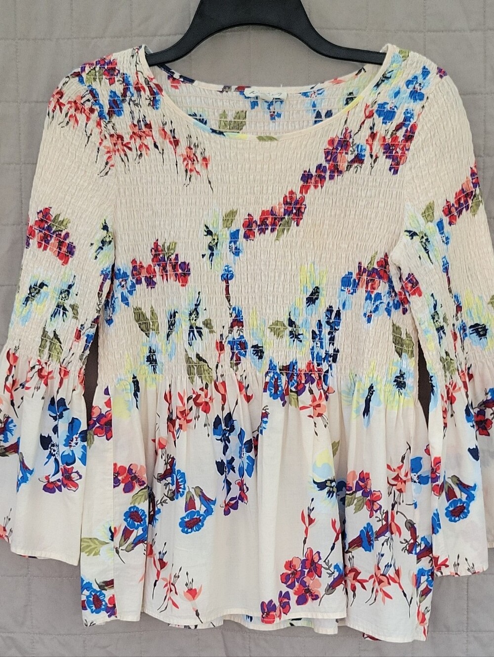 Jane and Delancey Floral Smocked Peasant Top Sz S Cream with Multicolor Prints
